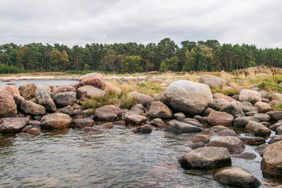 Rocks in water against sky