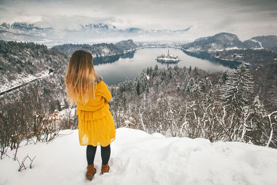 Rear view of woman standing against lake in forest during winter