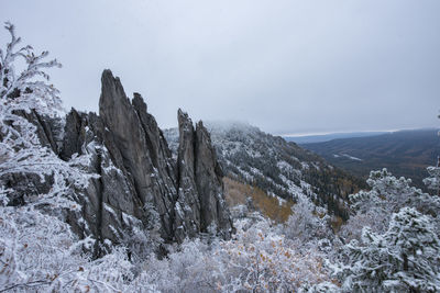 Scenic view of snow covered land against sky