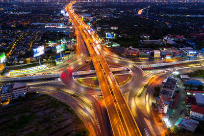 High angle view of light trails on city street