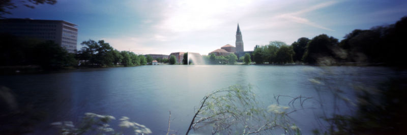 Reflection of trees on water in city