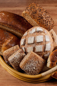 High angle view of bread in basket on table