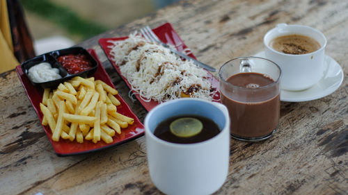 High angle view of breakfast served on table