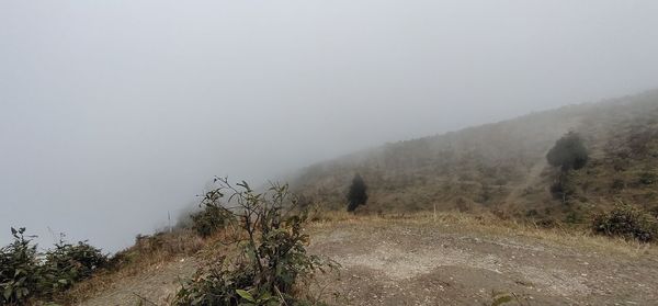 Scenic view of landscape against sky during foggy weather