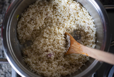 High angle view of rice in container