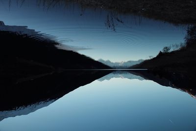 Upside down image of calm lake against clear sky at dusk