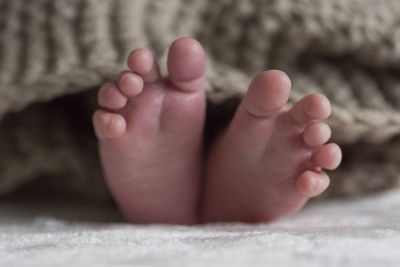 Close-up of baby girl feet on bed