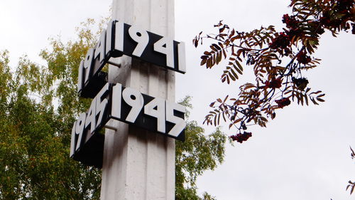 Low angle view of numbers mounted on column by tree against sky