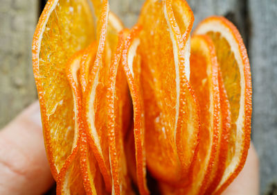 Close-up of hand holding orange slices