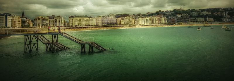 River in city against cloudy sky