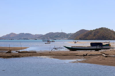 Sailboats moored on beach against clear sky