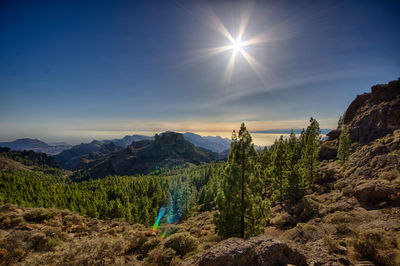 Scenic view of mountains against blue sky