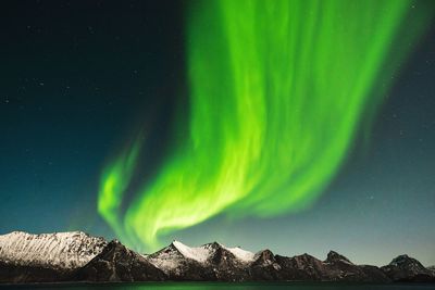 Low angle view of green mountain against sky at night