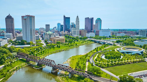 High angle view of buildings in city