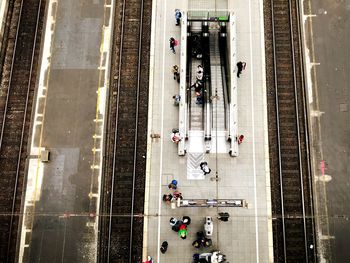 High angle view of people on railroad station platform