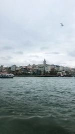 View of buildings by sea against cloudy sky