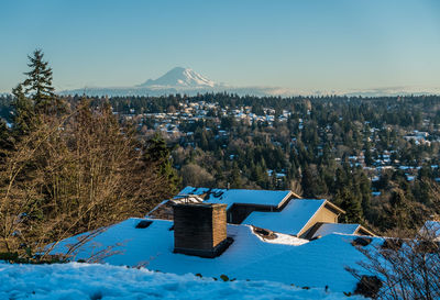 Scenic view of mountains against clear sky during winter