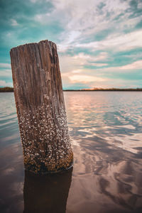 Wooden posts on beach against sky during sunset