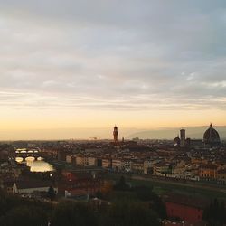 High angle view of florence city centre against cloudy sky during autumn sunset