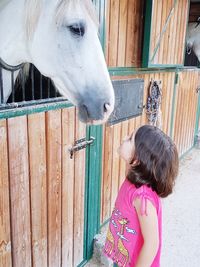 Girl looking away while standing in stable