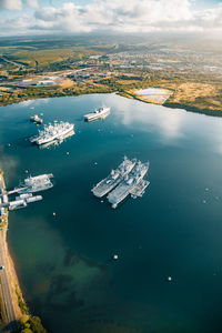 High angle view of boats in sea
