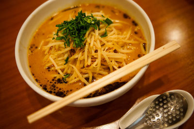High angle view of soup in bowl on table