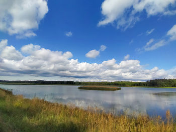 Scenic view of lake against sky, fish pond under blue sky
