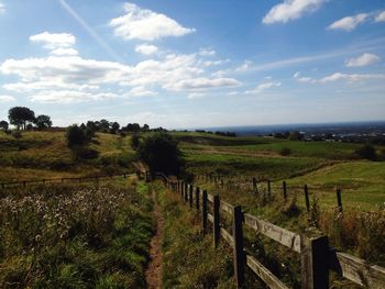 Scenic view of grassy landscape against sky