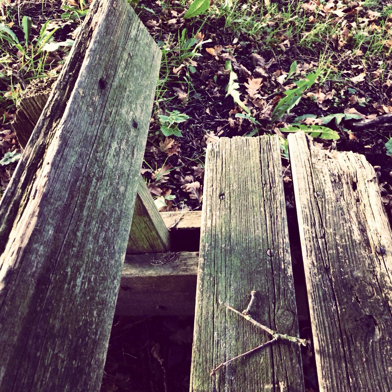 wood - material, wooden, wood, plank, abandoned, damaged, high angle view, built structure, fence, old, outdoors, no people, day, weathered, forest, tree, safety, tree trunk, metal, close-up