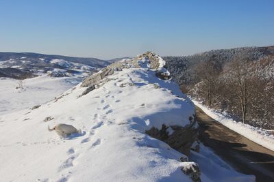 Scenic view of snowcapped mountains against clear sky