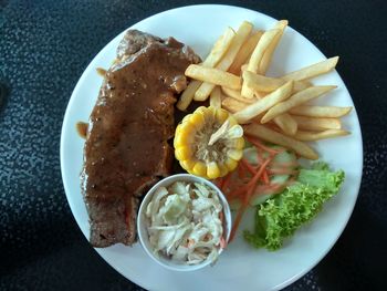 High angle view of food in plate on table