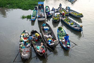 High angle view of fishing boat in river