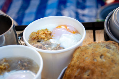 Close-up of food served on table