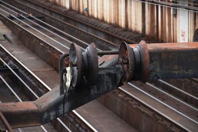 Close-up of train on railroad track