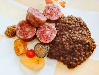 High angle view of breakfast served on table