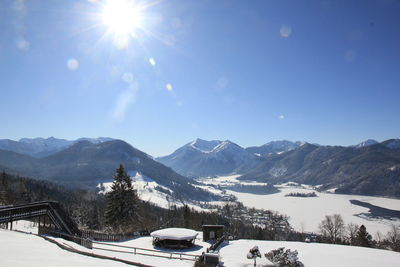 Scenic view of mountains against sky during winter