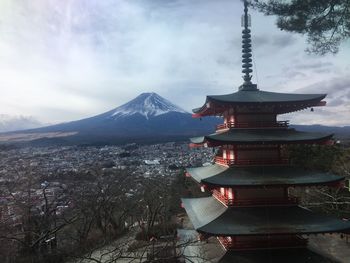 Temple against sky during winter