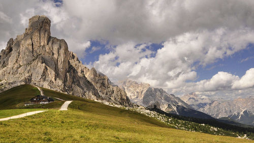 Landscape with rocky mountains against clouds