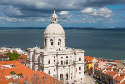 View of buildings by sea against cloudy sky