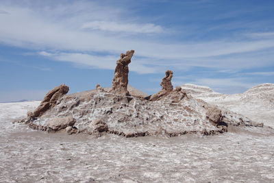 Dead tree on rock against sky