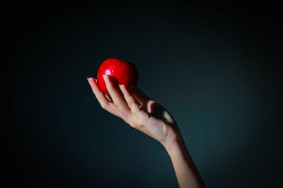 Close-up of hand holding red over black background