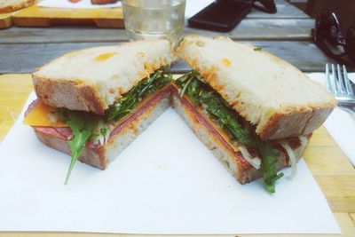 Close-up of sandwich served on table