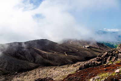 Panoramic view of volcanic landscape against sky