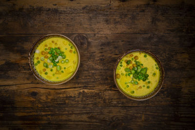 High angle view of soup in bowl on table