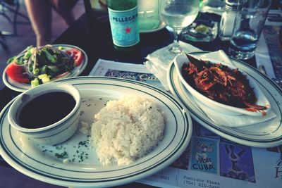 High angle view of meal served on table