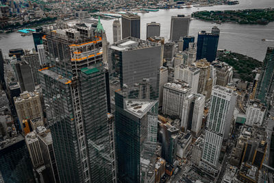 High angle view of modern buildings in city