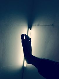 Close-up of hand holding shadow on wall