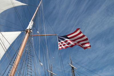 Low angle view of flag on mast against sky