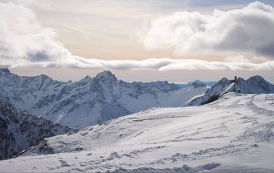 Scenic view of snowcapped mountains against sky