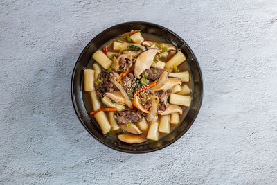 High angle view of food in bowl on table